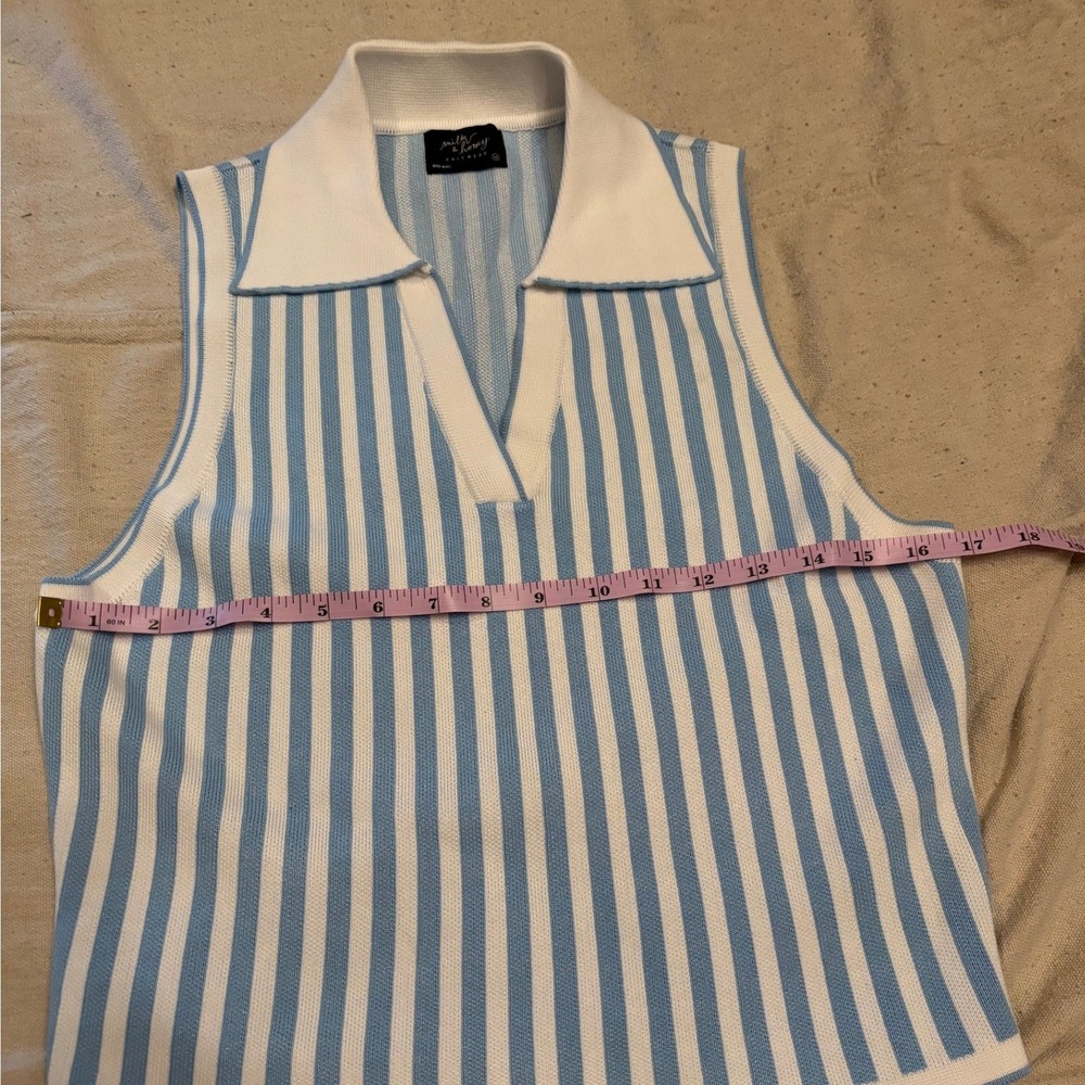 Milk & Honey Knitwear Blue White Striped Sleeveless Polo Sweater Vest Medium - Picture 5 of 6